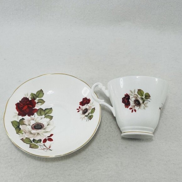 Vintage England Allyn Nelson Teacup Saucer Cup Set Red Rose White Flower Spring - Picture 4 of 10